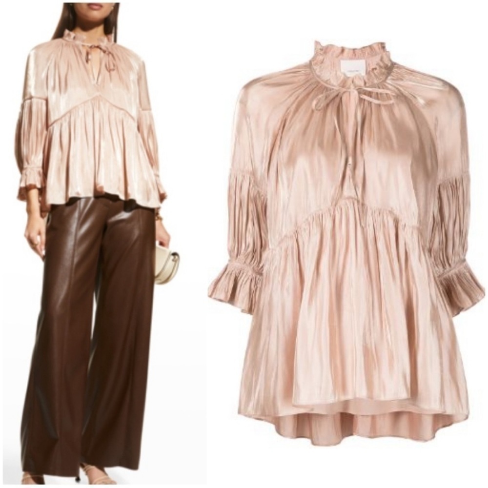 Cinq à Sept Phyllis Satin Pleated Blouse V Neck Light Dusty Rose Color SZ M